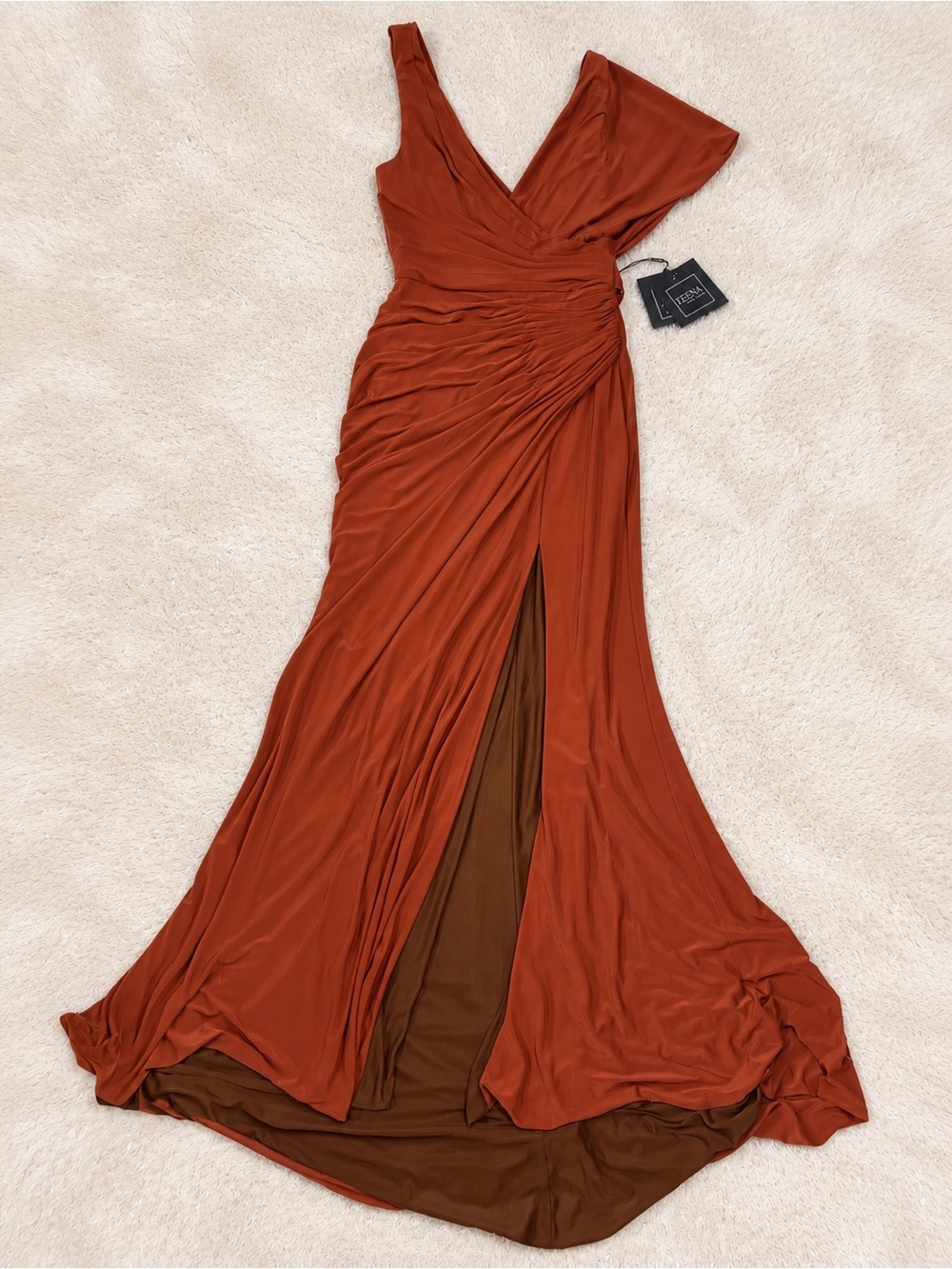 NWT Ieena for Mac Duggal 26985 Brick One Shoulder Ruched Jersey Gown Sz 2